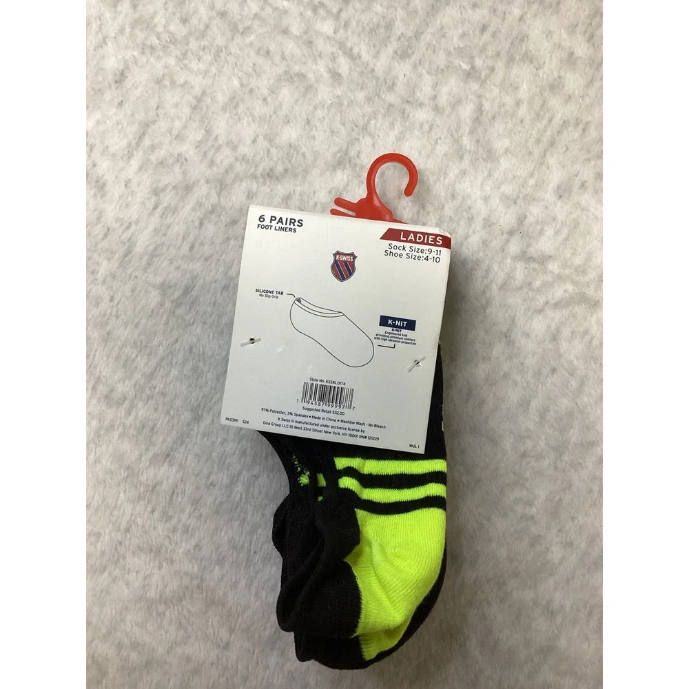 K-Swiss Womens 6 Pair No Show Foot Liner Socks Black Neon Silicone Tab KSSKL0174